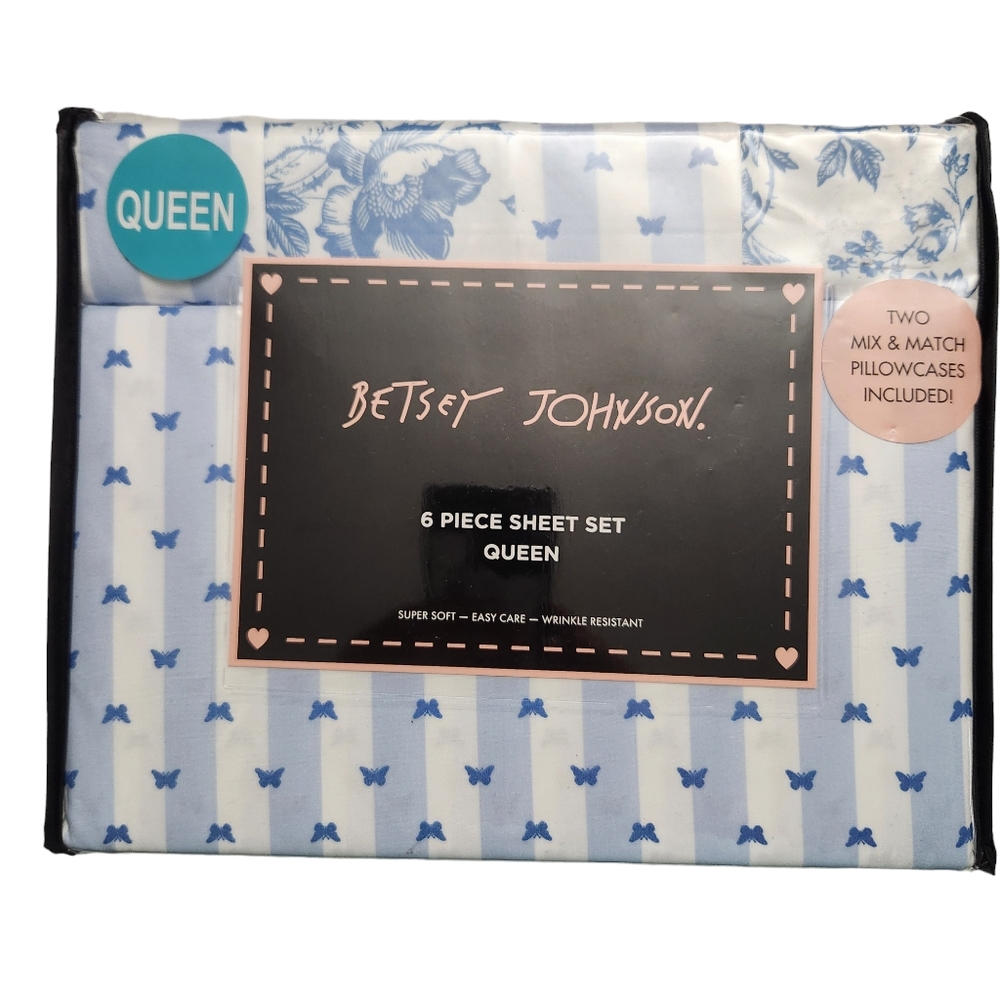 Betsey Johnson 6pc Queen Sheet Set White Blue Butterfly Stripe Floral Chic